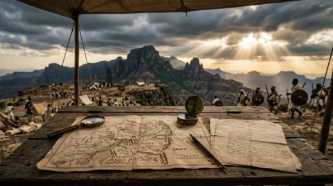 Paisaje montañoso de Adua con documentos y mapas de la victoria etíope