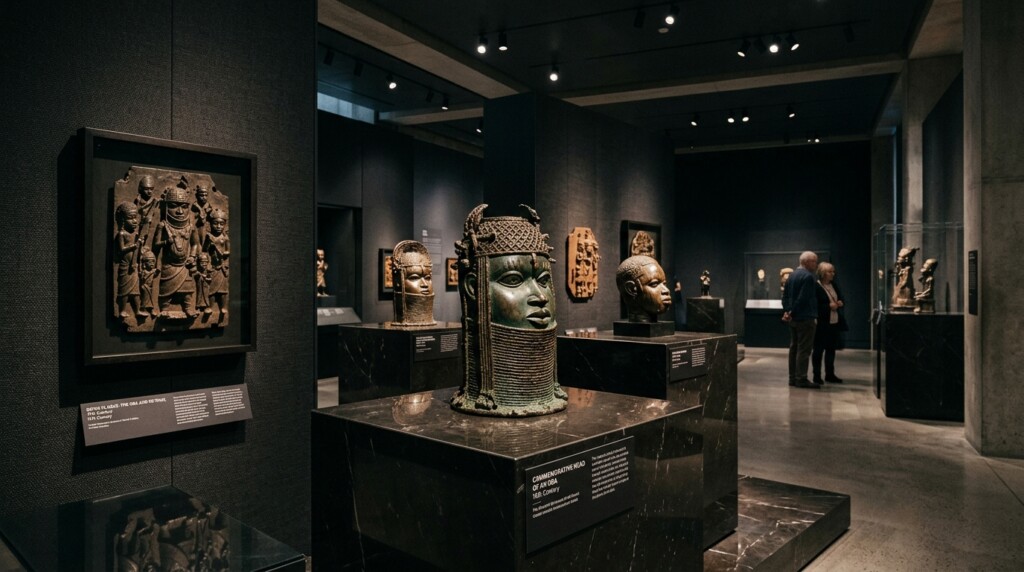 Escultura en bronce del Reino de Benín en museo contemporáneo